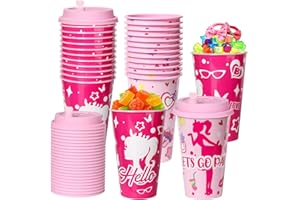 FZR Legend Pink Girl Theme Princess Party Favors Goodie Cups, 24 Pack Birthday Party Cups, 16OZ Reusable Hot Pink Party Supplies Decorations Cups with Lids Plugs for Girls Kids