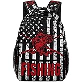 KAFFUL Bass Fishing with American Flag Backpack for Boys Men, Vintage Bass Fish Bookbag, Water Resistant Children Casual Daypack Travel Laptop Backpack, 16.5 Inch, Black White Red