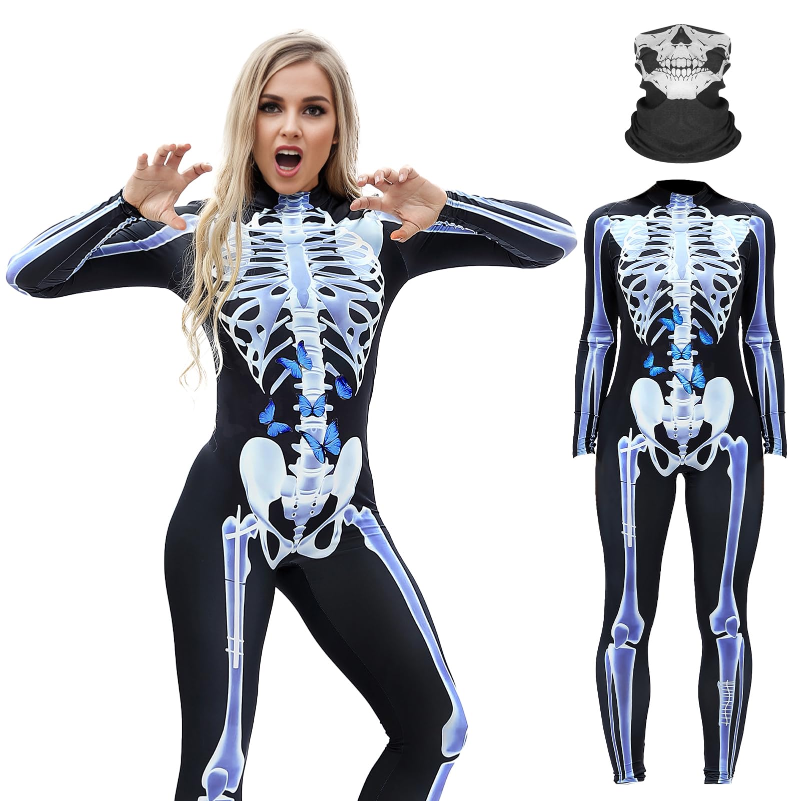 SERTAS Adult Halloween Womens Costume Skeleton Jumpsuit,Womens HalloweenCostume,Halloween Party Costume Skull Print Long Sleeve Jumpsuit Outfit With Skeleton Stickers for Men Women (B, XL) — image 1