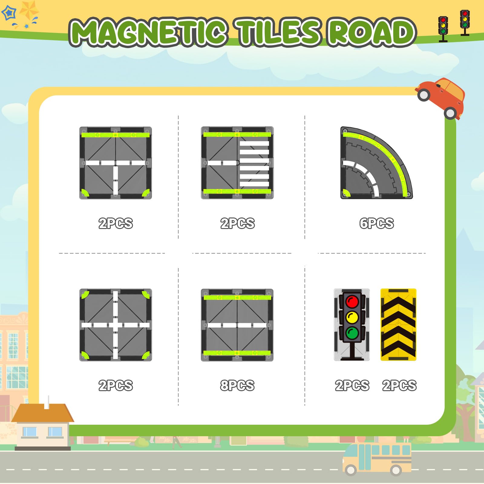 Magnetic Tiles Road Set, Magnetic Building Blocks for Toddler Kids, Montessori Educational Magnet Toys for Kids Ages 3+Year Old, STEM Creative Toy for Christmas Birthday Gifts