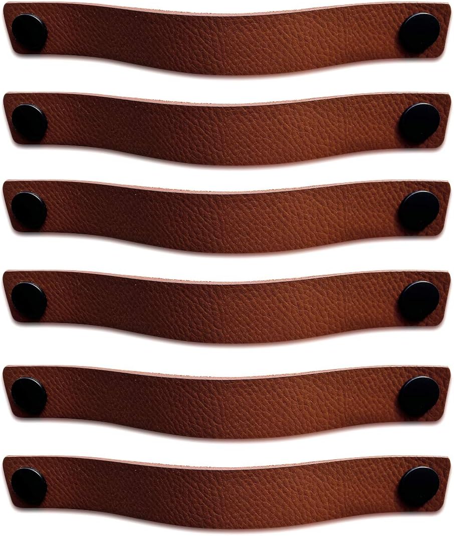 Brute Strength - Cognac Leather Cabinet Handles - 6 Pcs - 25 x 3 cm - Industrial Style - Kitchen, Bathroom, Dresser