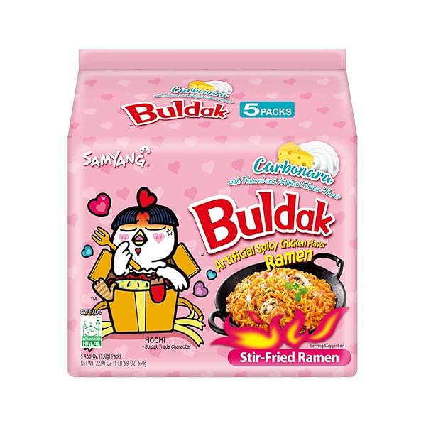 SAMYANG BULDAK SPICY RAMEN, HOT CHICKEN RAMEN, KOREAN STIR-FRIED INSTANT NOODLE, CARBONARA, 1 BAG WITH 5 PACK