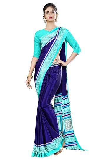 Uniform Sarees Corp Womens Italian Silk Crepe Front Office Uniform Saree With Blouse (Navy Blue;Sea Green)