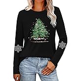 VQD Womens Christmas Long Sleeves Shirts Snowflakes Bow Christmas Tree Long Sleeve T-Shirt Sleigh Xmas Tops