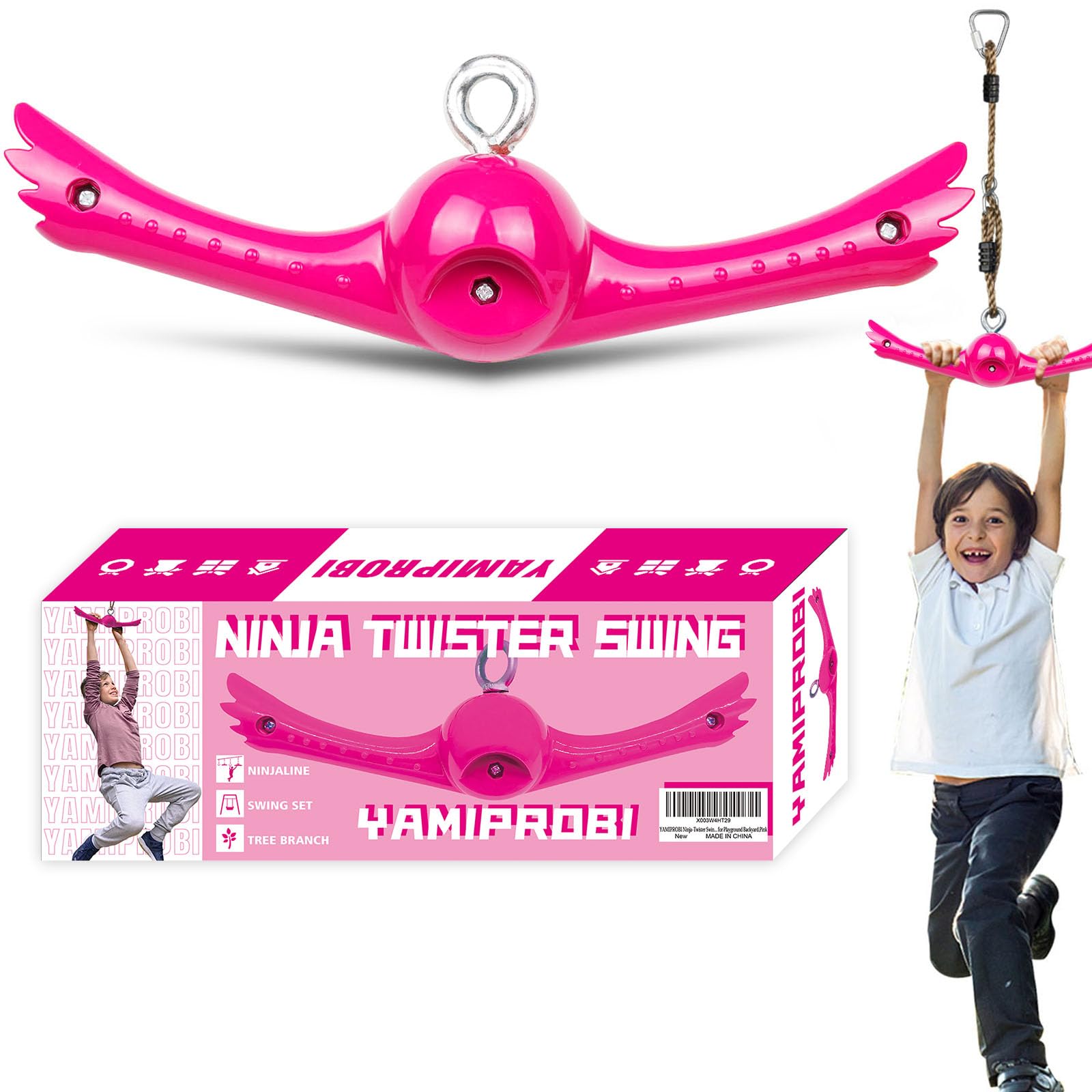 Photo 1 of YAMIPROBI Ninja-Twister Swing Spins Set: Slackline Attachments - 360° Handle Twist-Spin Flips Toy Activate Ninja Powers - Ninja Warrior Accessories - Kids Ninja Hang Toys for Playground Backyard,Pink