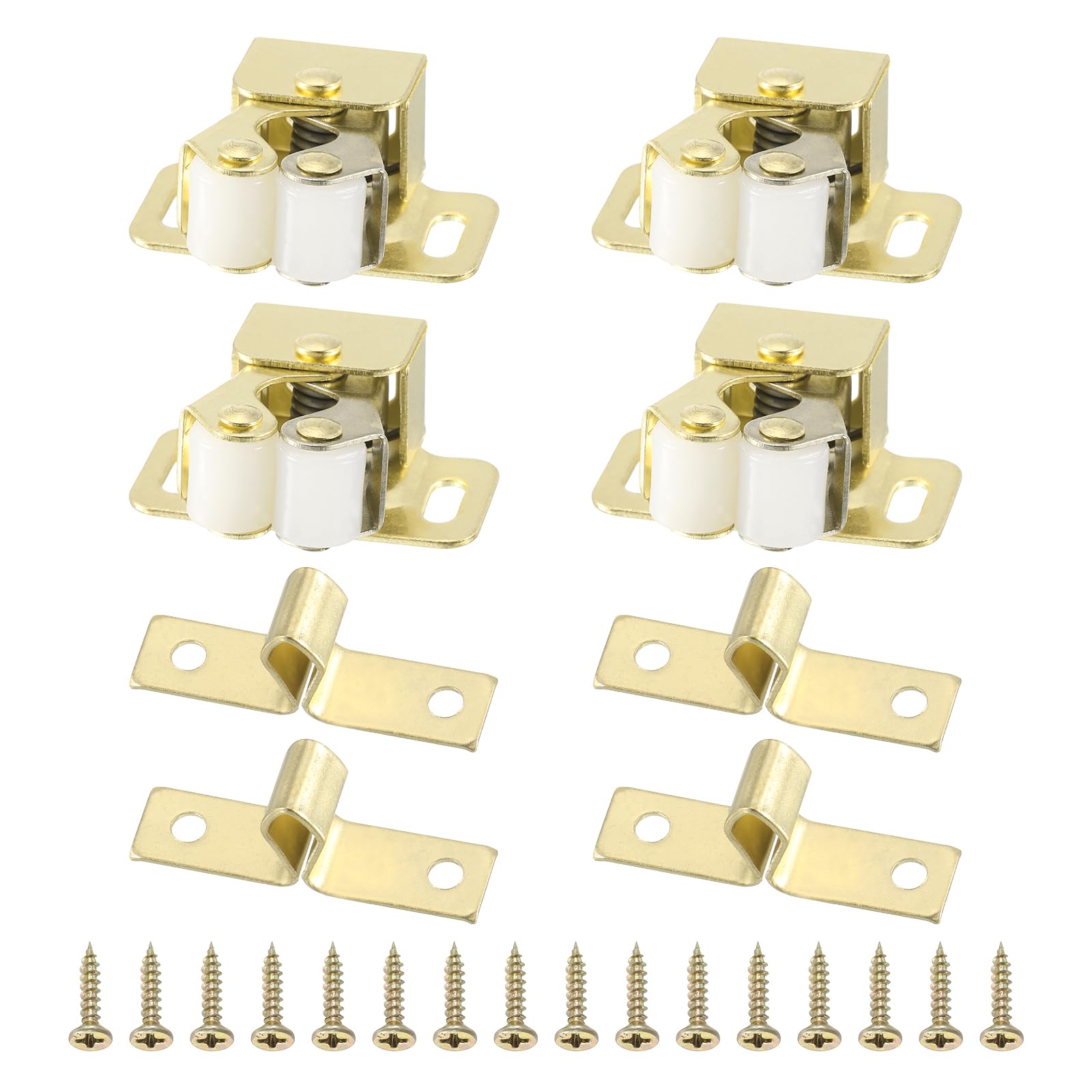 PATIKIL Cabinet Latch Double Roller Catch, 4 Pcs Stainless Steel Cabinet Door with Screws Spring Bead Hardware Latches with Spear Strike for Cupboard Wardrobe Pcs, Gold