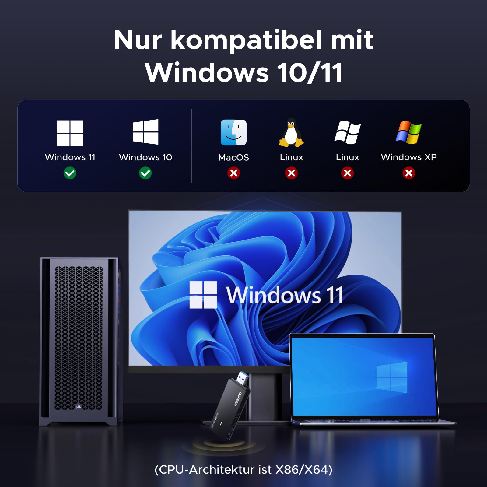 UGREEN WLAN Stick für PC WiFi 6 AX1800 WLAN Adapter PC Dual Band 5GHz/2.4GHz, USB WLAN Stick eingebauter Treiber, OFDMA+MU-MIMO, WPA3-SAE, WiFi Dongle kompatibel mit Windows 11/10. 8
