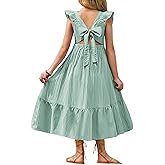 Arshiner Girls Summer Tie Back Dress Tween Boho Casual Square Neck Flutter Sleeve Maxi Dresses with Pockets