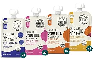 Serenity Kids 6+ Months Dairy-Free Smoothie Baby Food Pouches - BPA-Free, USDA Organic & Grass-Fed Collagen Protein - Lactose-Free Smoothie Pouches - 3.5 Oz, 8 Pack