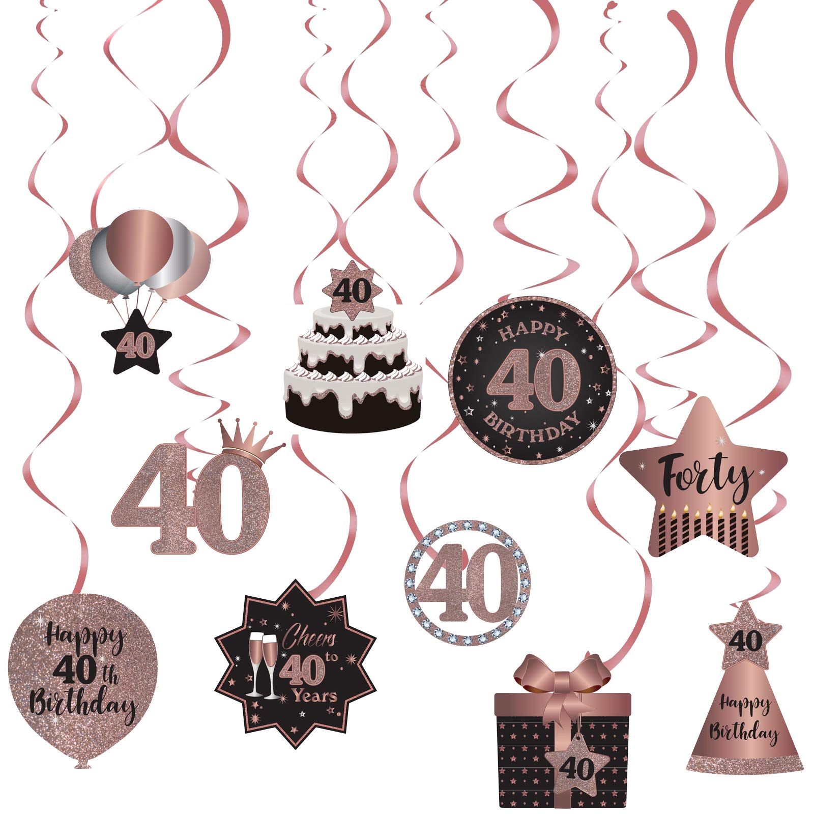 SZHUIHER Happy 40th Birthday Party Hanging Swirls Streams Ceiling Decorations, 40 Foil Hanging Swirls with Cutouts for 40 Years Rose Gold Birthday Party Decorations Supplies