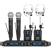 MicrocKing Wireless Microphone System,with 2 Handheld Mics and 2 Lavalier Bodypacks, Metal Build, Fixed Frequency, Long Range