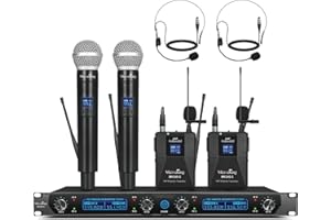 MicrocKing Wireless Microphone System,with 2 Handheld Mics and 2 Lavalier Bodypacks, Metal Build, Fixed Frequency, Long Range