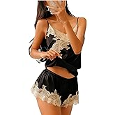 Fenghualzzniya Women Silk Pajamas Lace Satin Cami Pjs Set Y2k Camisole Shorts Sets Sexy 2 Piece Lingerie Set Sleepwear