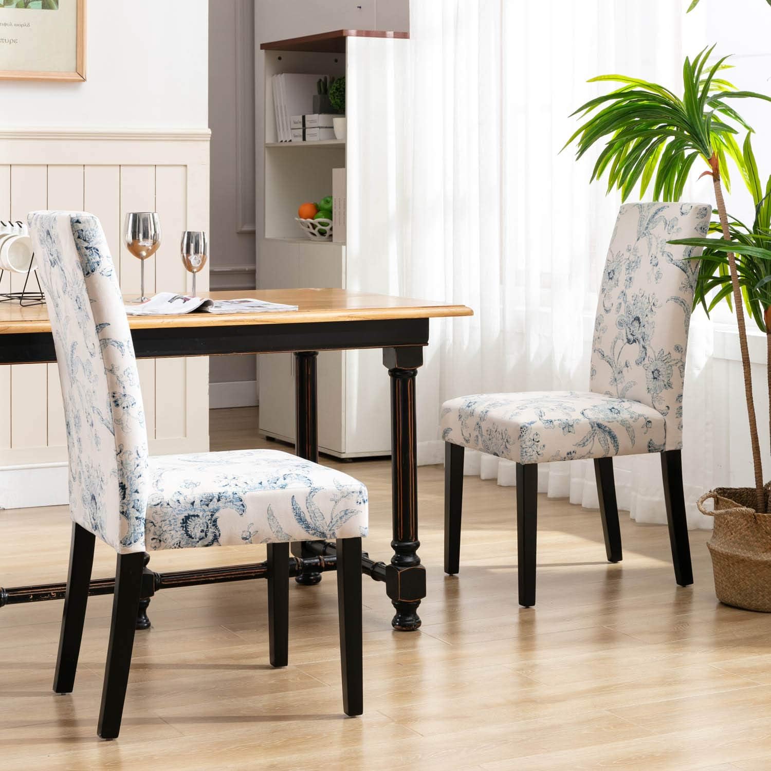 DininL Fur Dining Chair Kitchen Chairs Set of 2 Modern Dining Room Side Chairs Fabric Cushion Seat Back with Nailhead Trim (Flowers) - Chairs
