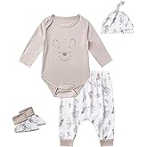 Disney Winnie the Pooh Baby Boys 4 Pack Bamboo Viscose Long Sleeve Bodysuit with Booties, Hat, and Pants Set for Infant