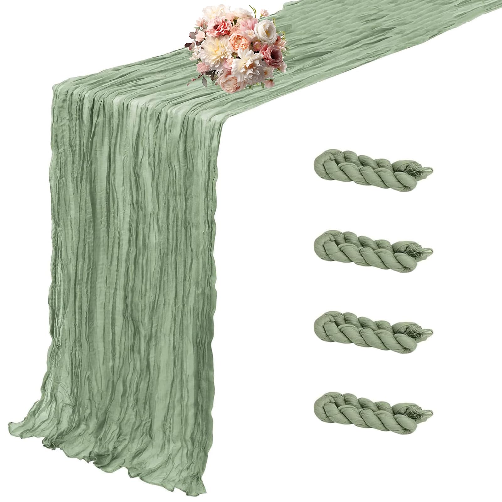 Photo 1 of 4 Pack Sage Green Cheesecloth Table Runner 10 FT Boho Gauze Cheese Cloth Table Runner 120 Inch Long Semi Sheer Rustic Cheese Cloth Fabric Table Runners for Wedding Birthday Party Decorations