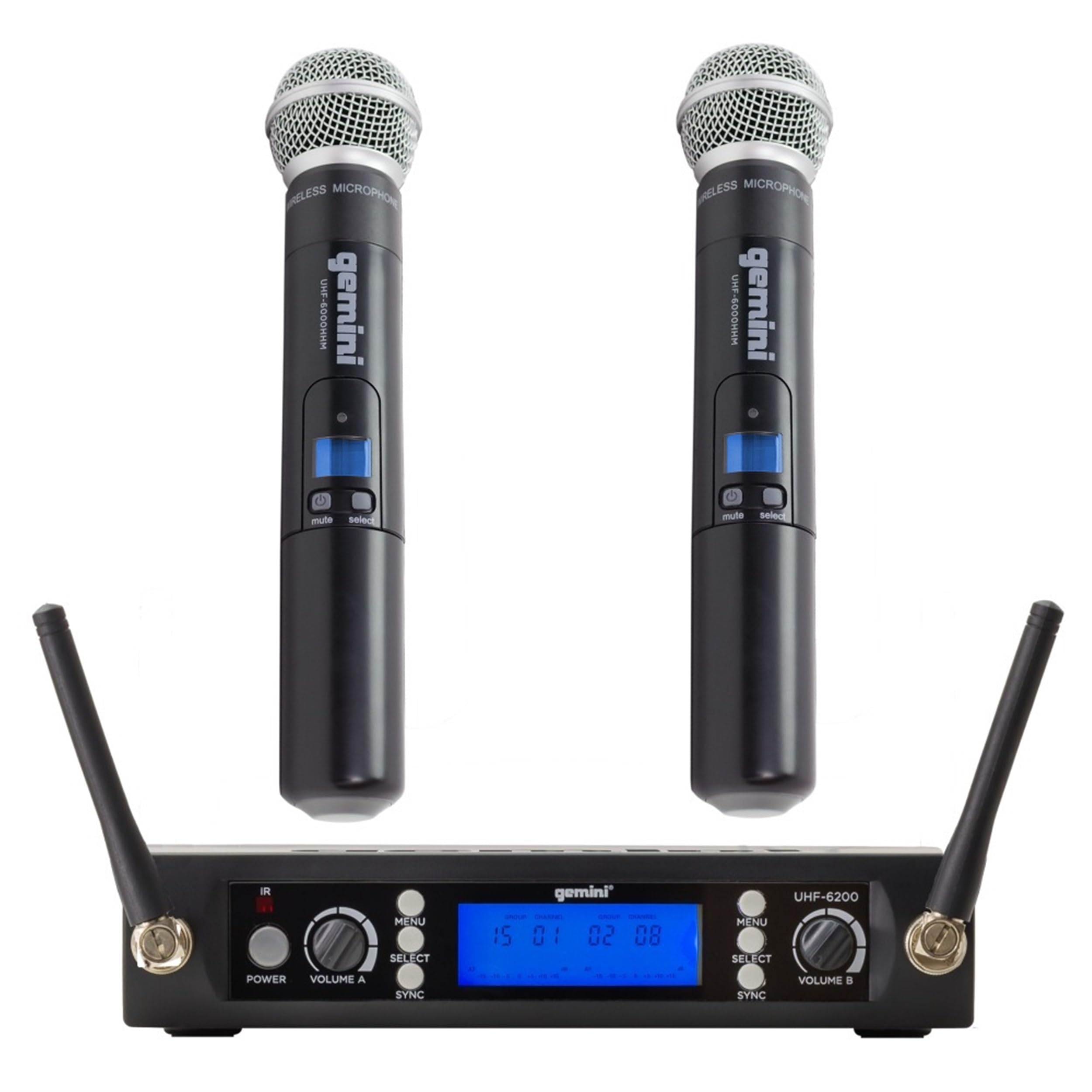 Sistema de micrófono inalámbrico Gemini Sound UHF-6200M - Receptor UHF con frecuencias seleccionables, micrófonos de mano duales, alcance de 150 pies, pantalla LCD, audio claro para artistas, iglesias, bodas y eventos