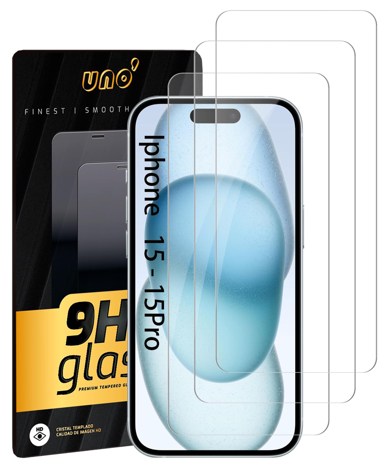 UNO' - 2 x Tempered Glass Screen Protector Compatible with iPhone 15 and iPhone 15 Pro (6.1"), Ultra Resistant and Transparent Tempered Glass, Bubble-Free, 9H, Anti-Fingerprint, Anti-Scratch.