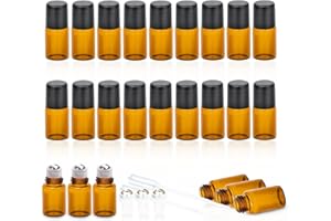 ZEJIA 2ML Essential Oil Roller Bottles, 24 Pack Amber roller bottles for oils, Mini Glass Roll on Bottles with Stainless Steel Roller Balls&2 Droppers