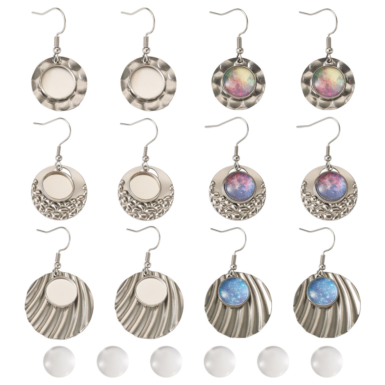 Photo 1 of 12Pcs Stainless Steel Round Earring Bezel Trays Dangle Earring Base Setting Ear Wire Hook Setting with 12pcs Glass Cabochon Dome Tiles for Resin Earring Jewelry Making