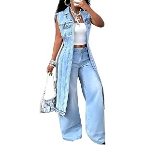 JDHKFZZL Denim Jean Vest Women Sleeveless Side Split Denim Long Waistcoat Short Back Long Front Irregular Denim Dress Coat