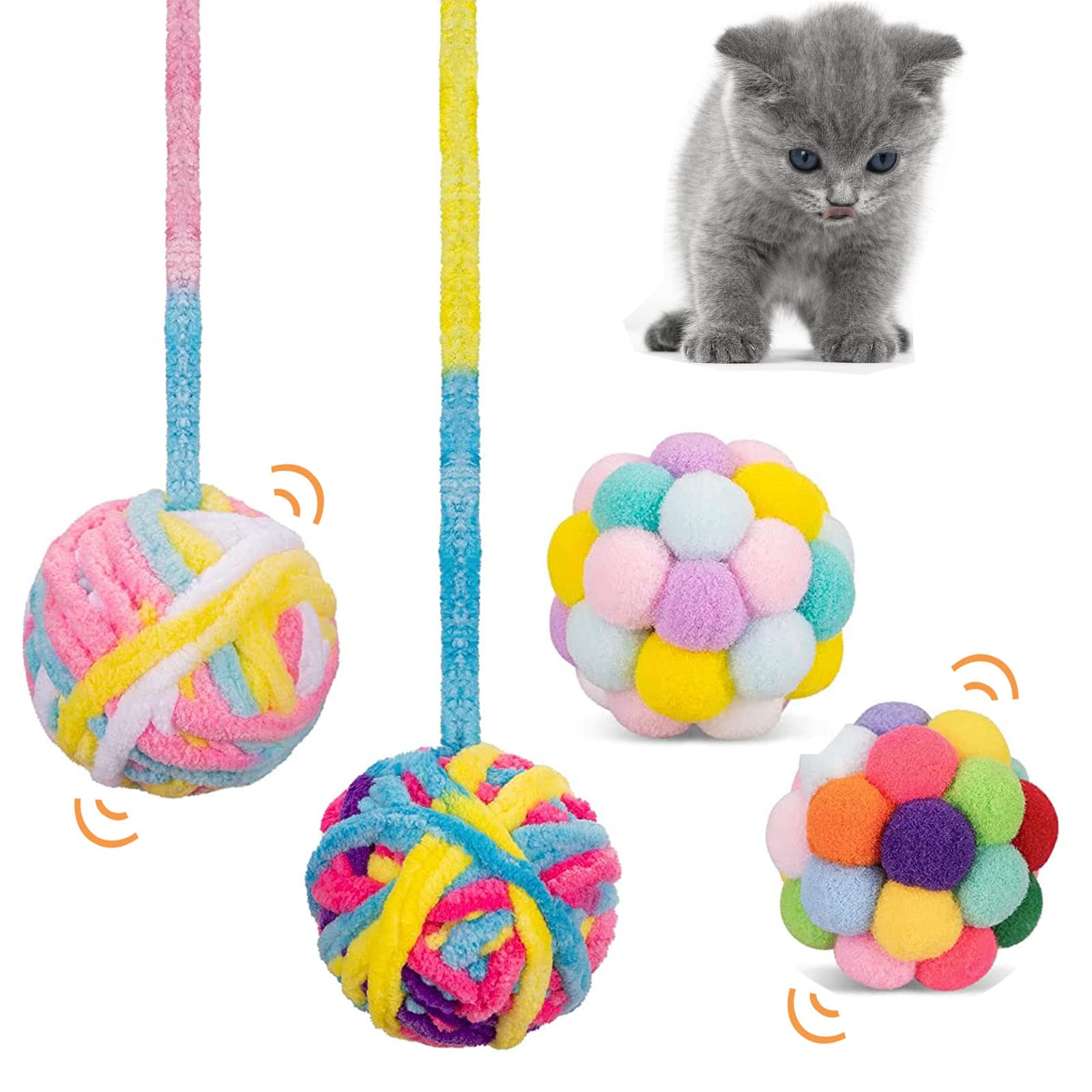 QIODAZOO 4 Pack Cat Toy Ball, Cat Balls with Bells Interactive in Fuzzy for Kitten Toys Indoor Cats (Random Color)