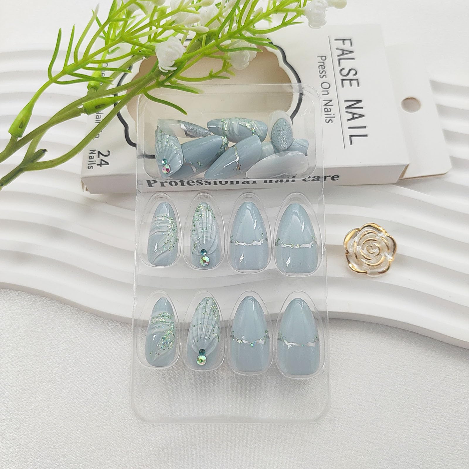 Almond Press on Nails Medium Fake Nails with 3D Seashell & Rhinestone Charms Designs Glossy Glue on Nails Summer Acrylic Nails Glitter Sequins False Nails Light Blue Stick on Nails for Women 24Pcs - Image 6