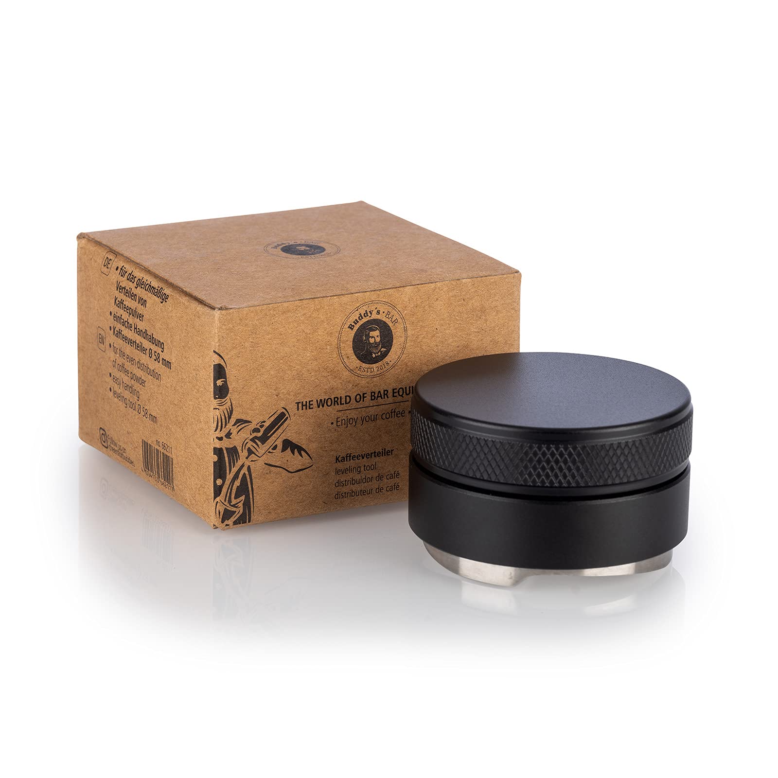 Buddy´s Bar - Barista Edition, coffee distributor, diameter 53 mm base, height: 3.5 cm, levelling tool for espresso coffee grounds made of stainless steel, aluminium, for 53 mm portafilters, black