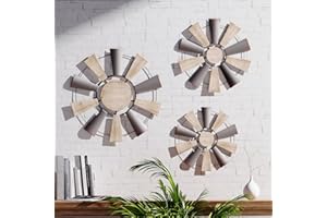 Paquesta Set of 3 Metal Windmill Wall Decor Farmhouse Wall Decor Hanging Decoration Rustic Iron & Wood Wall Art for Kitchen Living Room Bathroom Bedroom Wall Sculpture for Home Decor