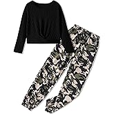 KIDOOPIX Girls' Clothing Sets Knit Crew Neck Twist Front Tops and Camo Elastic Waist Pants Girls Clothes