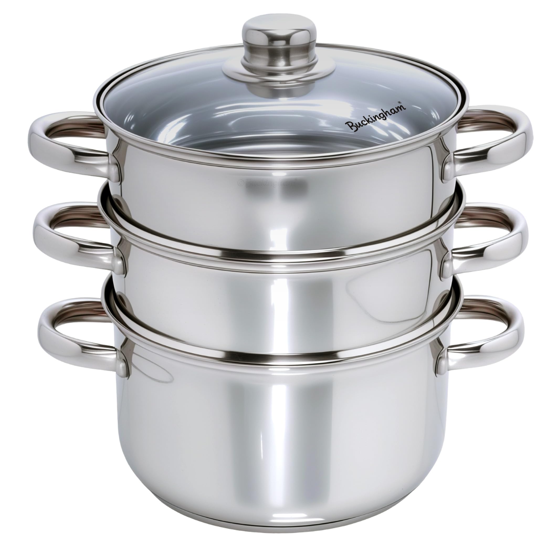 Buckingham 3 Tier Premier Steamer Set with Glass Lid Polished Mirror Finish Stainless Steel Ideal for Steamer Cooking Induction Compatible