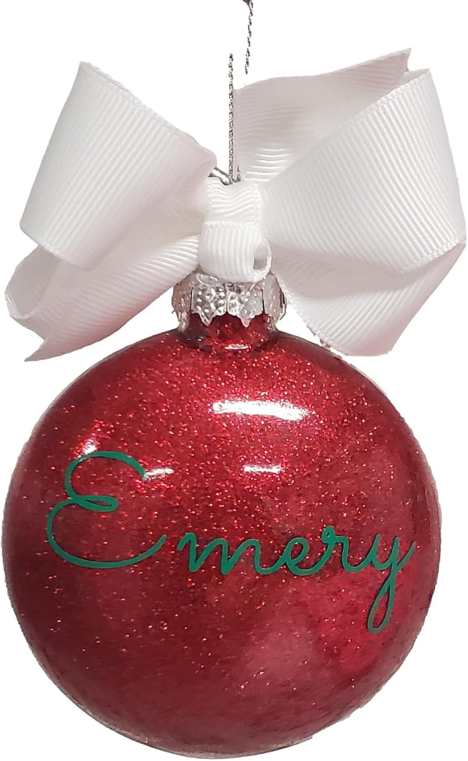 Ornaments - Personalized Glitter Name Monogram Ornament Custom Made Secret Santa White Elephant (Red Glitter)