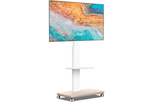 FITUEYES Rolling TV Stand, Mobile TV Cart on Wheels for 32-70 Inch Flat Screen TVs, Tall Floor TV Stand with Swivel Mount for Bedroom, Outdoor, Home Office, Small Dorm, White