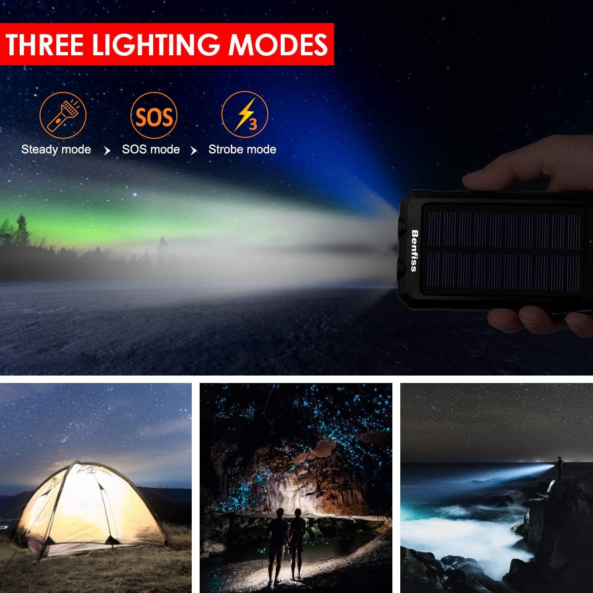 Solar Charger 20000mAh, BENFISS Ultra-Portable Durable Solar Power Bank with 2 USB Output 2 LED Flashlight and Compass, Waterproof Solar Battery Pack for Outdoor Activities/Emergency (Red): Home Audio & Theater