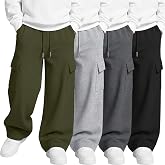 Hyggeweir 4 Pack Boys Cargo Sweatpants Baggy Pants for 5-14Y | Teen Boys Cargo Pants, Straight Leg Athletic Pants, Back to School, Multipack Wide-Leg Jogger, Elastic Waist with Pockets