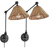 WINGBO Wall Sconce Rattan Wrapped Wall Lamp, Adjustable Swing Arm Wall Light Fixture Vintage Bedside Light Wicker Handmade Sh