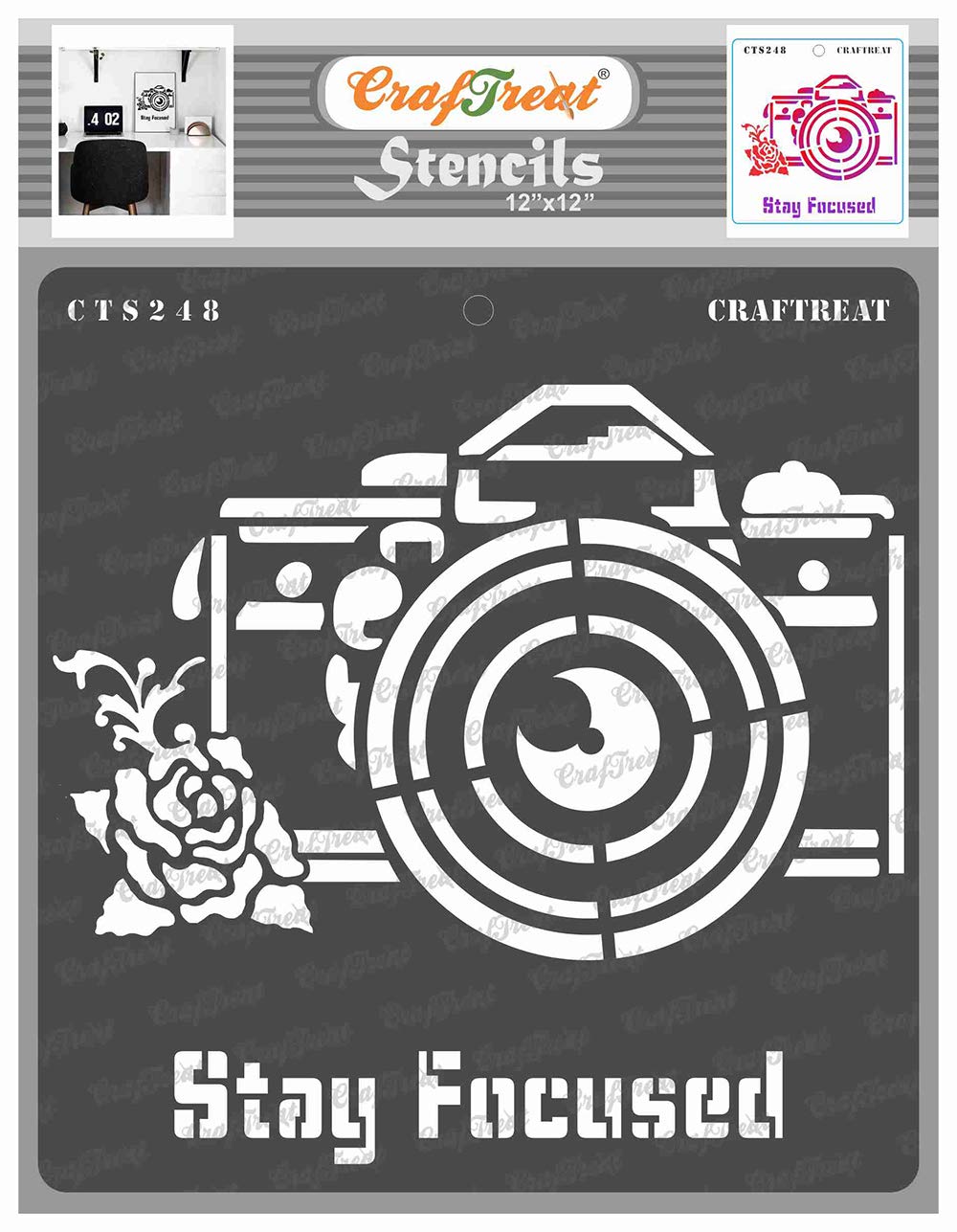 CrafTreat Reusable Camera Stencils for Painting on Wood, Canvas, Paper, Fabric, Floor, Wall and Tile - Stay Focused - 12x12 Inches - DIY Art and Craft Stencils - Photography Stencils