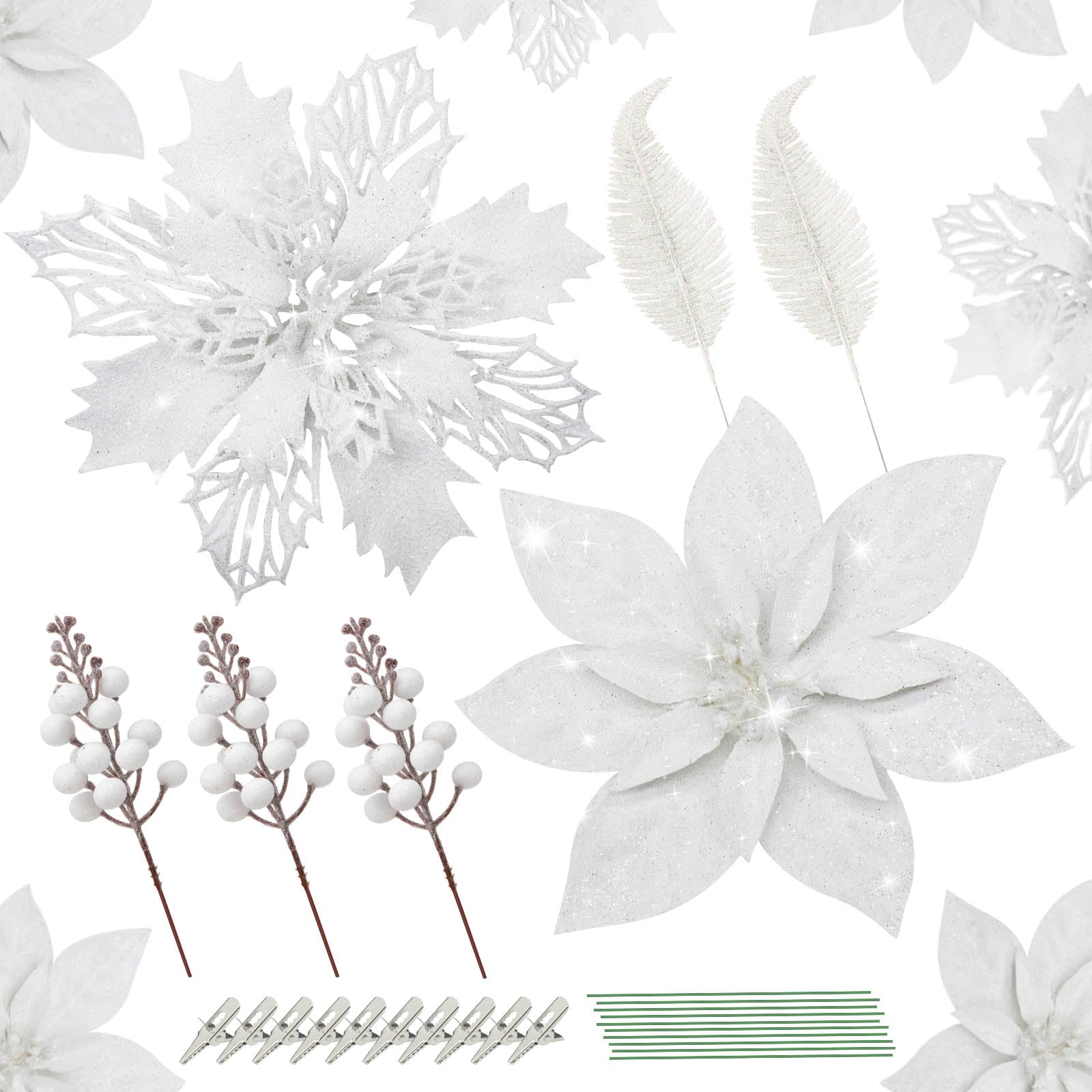 Yueshop 62 PCS Christmas Glitter Artificial Poinsettia Set, Christmas Tree Decoration Stems Clips, Glitter Artificial Flowers Leaves Berry Stems for Wedding Party Wreath Garland Decoration (White)