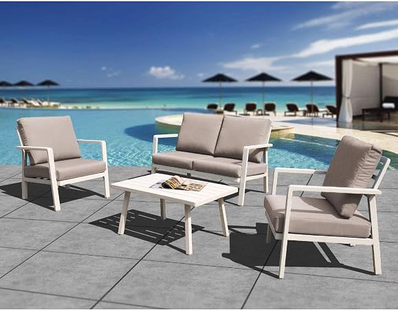 Amazon Com Hl Outdoor Patio Furniture Aluminum Frame 4 Piece Cushioned Conversation Set With Coffee Table Modern Chat Set Home Crested Bay Furniture Beige Garden Outdoor