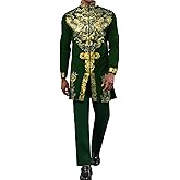 Mens African 2 Piece Set Zipper Nigerian Dashiki Metallic Shirt and Pants Outfit Gold Stamp Printed Long Traditional Suit