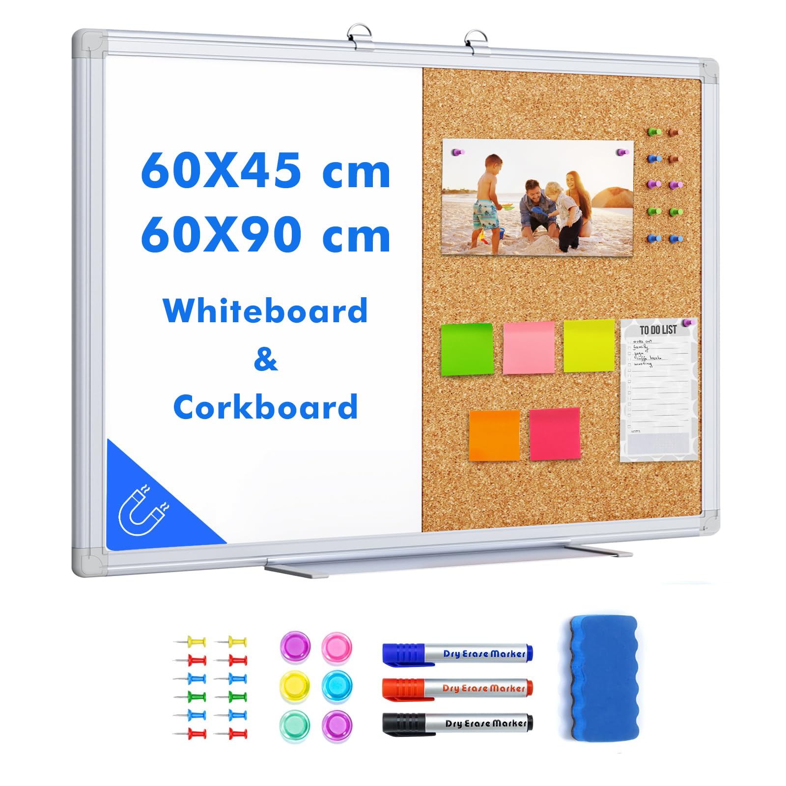 maxtek White Board & Cork Board, 60 x 45 cm Magnetic Bulletin Board, Wall Mounted Notice Whiteboard for Home, Office, Classroom