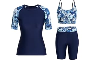 Owntop Womens 3-Piece Rash Guard | UPF50+ UV Swim Shirt | Short Sleeve Rashguard Shirts & Bikini Top & High Waist Boyshorts
