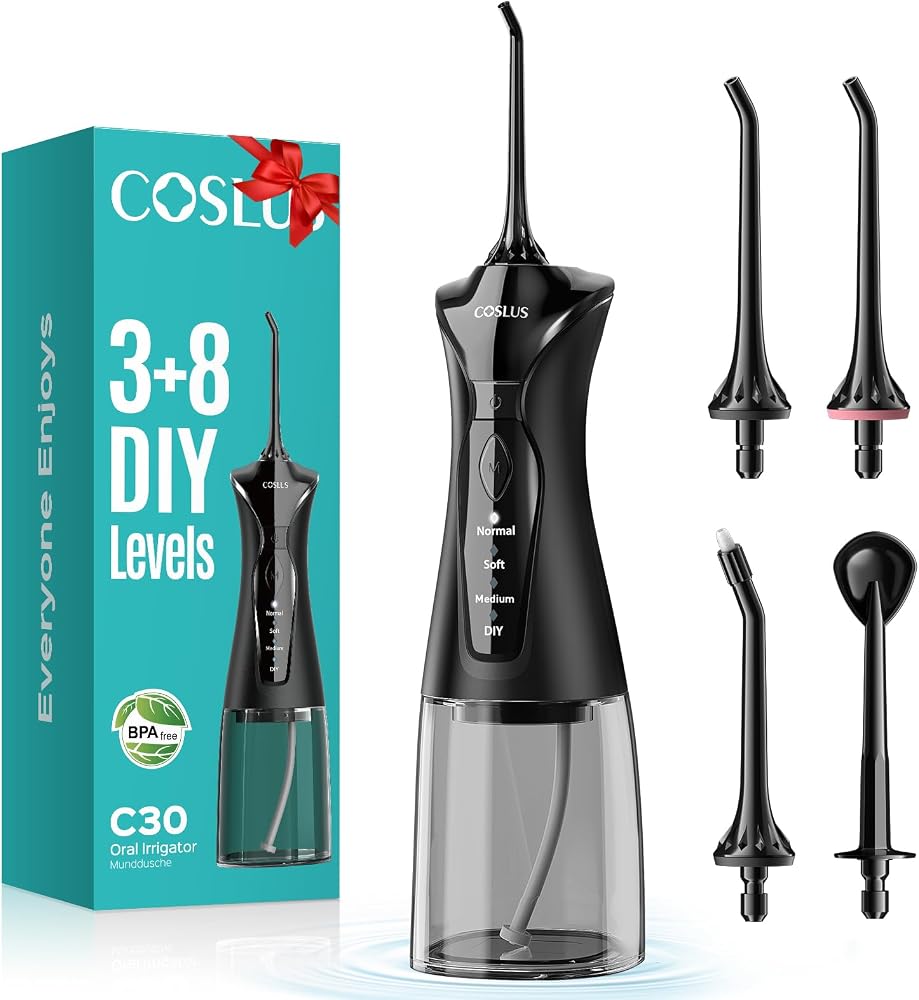 COSLUS C30 Portable Water Dental Flosser Pick Teeth, Upgraded DIY Mode | 300ML Larger Tank, 4 Modes for Family Gentle & Preci