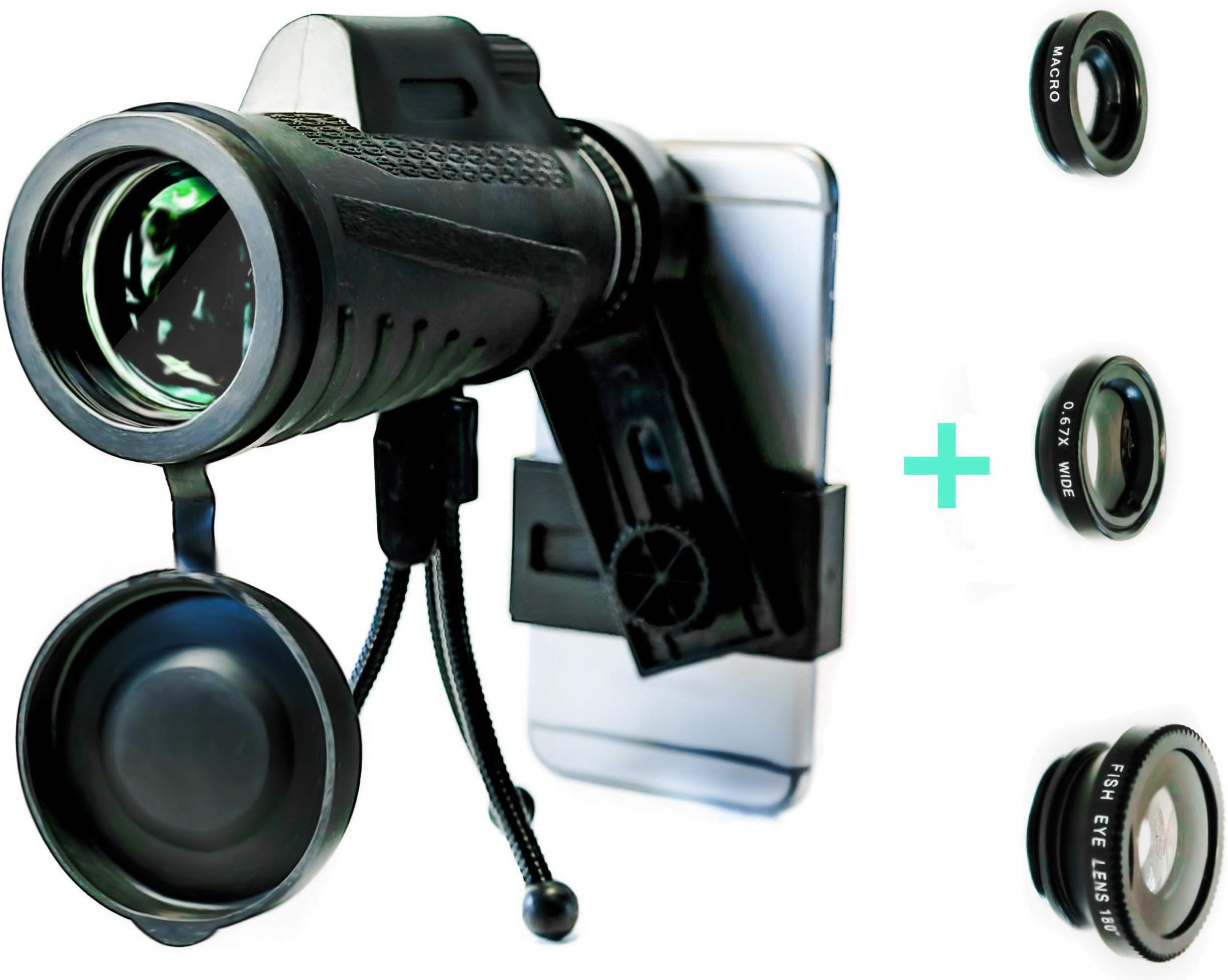 Monocular and Lens Bundle - HD Monocular and 3 in 1 Lens Clip. Smartphone Adapter for Monocular Telescope, Wide Angle, Macro, Fish Eye Lens. Great for Adults and Kids - by NCFS
