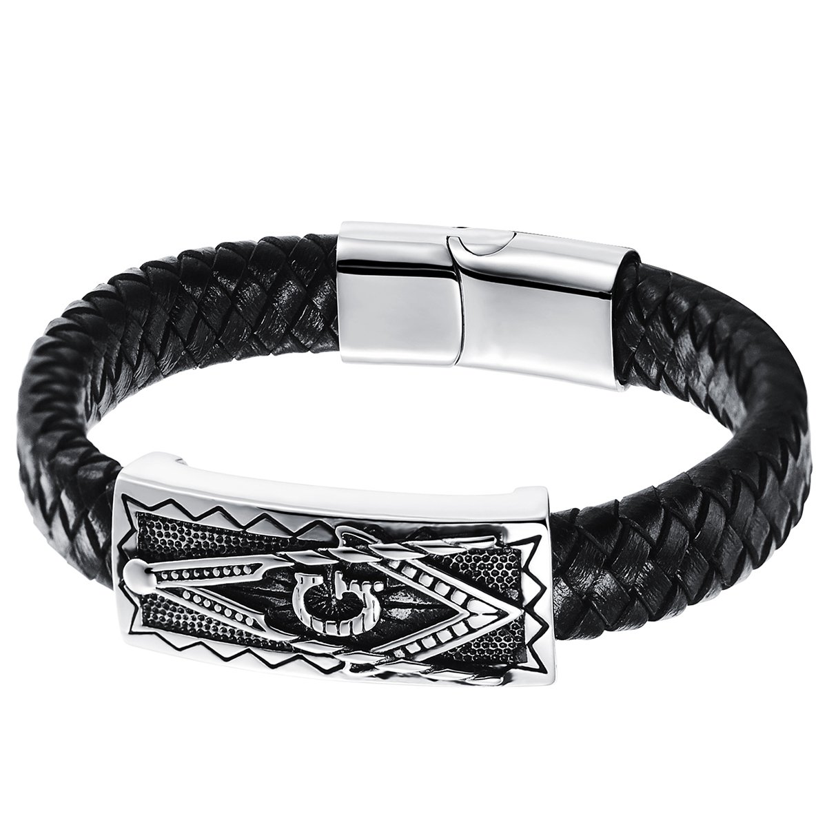 JewelryWe Mens Freemason Masonic Bracelet, Braided Leather Bangle Bracelets for Men Stainless Steel