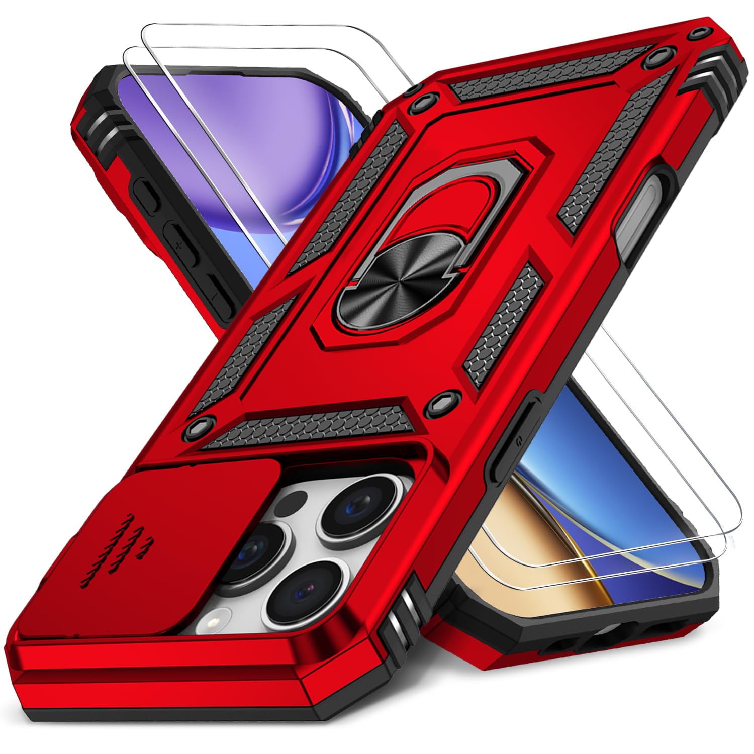 Photo 1 of HakkTaoo Case for iPhone 15 Pro Max with Slide Camera Cover+Screen Protector(2 Packs), Military Grade Shockproof Protective Cover, Rotated Ring Kickstand(B - Red)