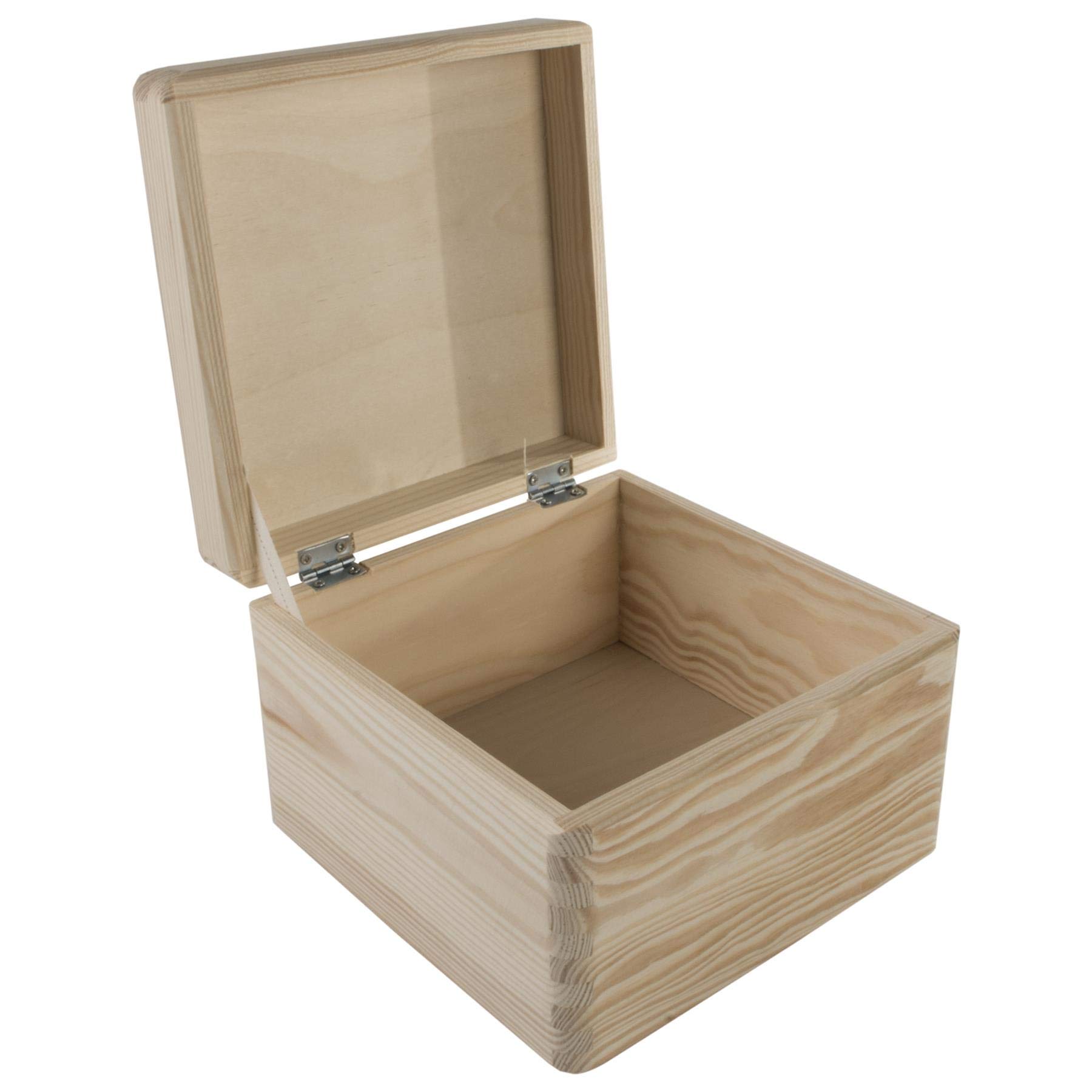 WooDeeDoo Square Wooden Box with Hinged Lid 20 x 20 x 14 cm – Plain Pine Storage Chest for Crafts DIY Engraving Personalised Gift Keepsake Memory Box Decorative Unfinished Wood Organiser