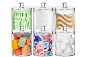 MateeyLife Qtip Holder 6 Pack, Acrylic Q-tip Dispenser for Cotton Pads, Swabs, Balls, Storage Containers for Organizing, Clear Bathroom Canisters with Lid, Apothecary Jars Home Decor Accessories Set
