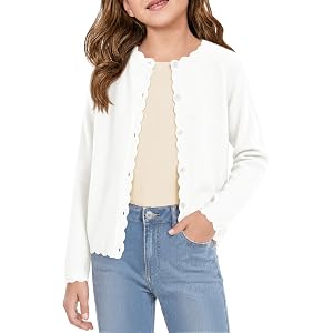 Girls Long Sleeve Cardigan Sweaters Scalloped Edge Button Down Cardigans | Crewneck Button Up Knitted Sweater Outerwear, Scal