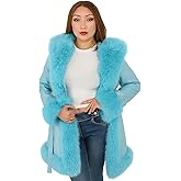 DLNYC Women’s Vegan Leather Belted A Line Winter Coat with Faux Fur Trim Hood, 3/4 Length, Luxurious Winter Fashion Outerwear